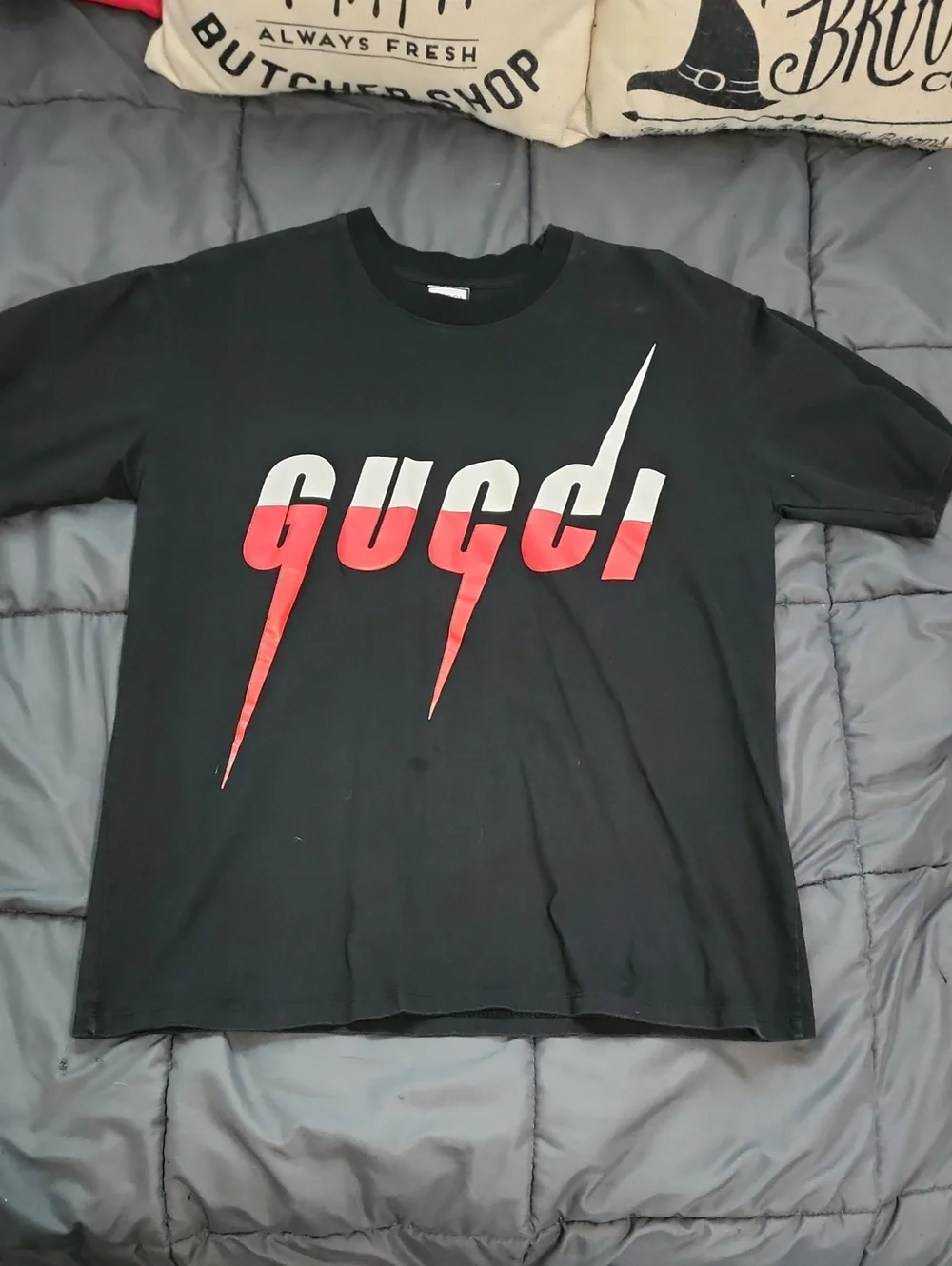 Gucci Black Short-Sleeve Tee with Red and White Lightning Blade Logo